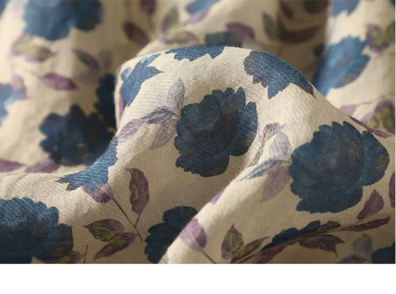 Blue Floral Printing Linen O-Neck Lantern Sleeve T-shirt Loose Women's Blouse Shirt Korean Fashion Female Clothing Tops 2024