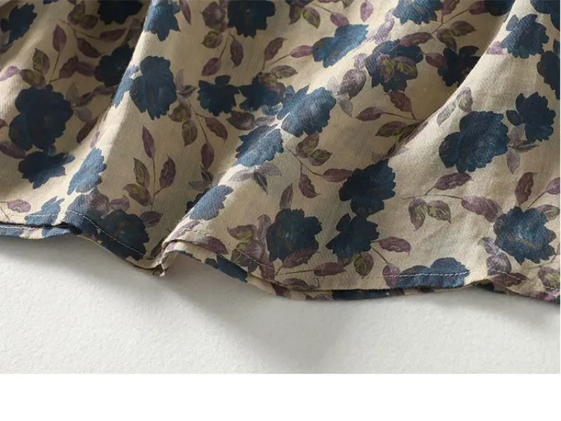Blue Floral Printing Linen O-Neck Lantern Sleeve T-shirt Loose Women's Blouse Shirt Korean Fashion Female Clothing Tops 2024