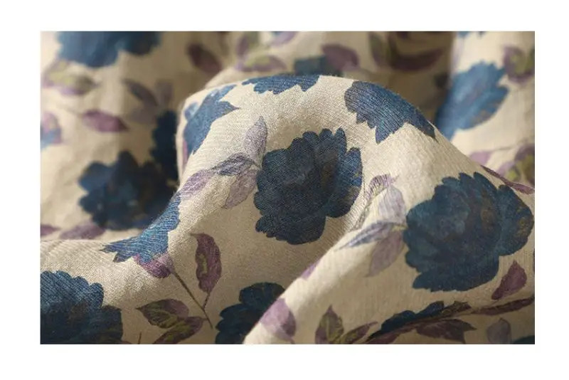 Blue Floral Printing Linen O-Neck Lantern Sleeve T-shirt Loose Women's Blouse Shirt Korean Fashion Female Clothing Tops 2024