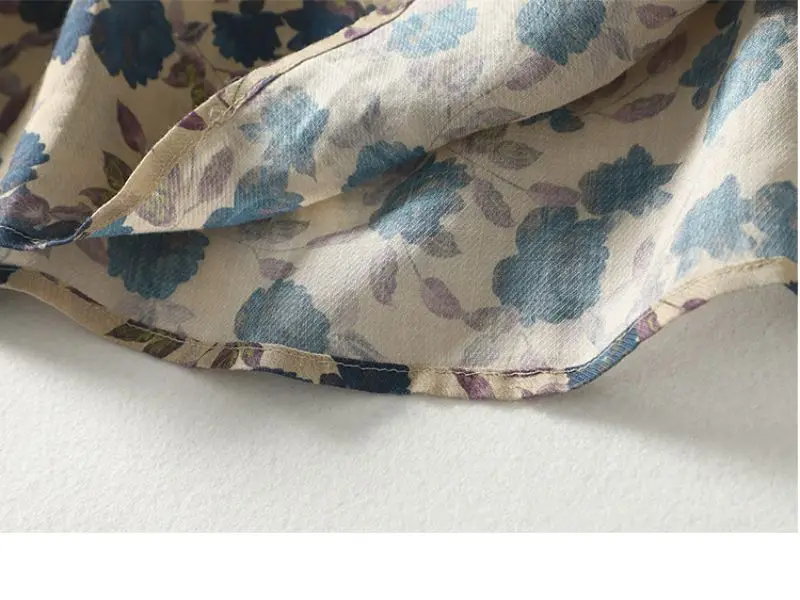 Blue Floral Printing Linen O-Neck Lantern Sleeve T-shirt Loose Women's Blouse Shirt Korean Fashion Female Clothing Tops 2024