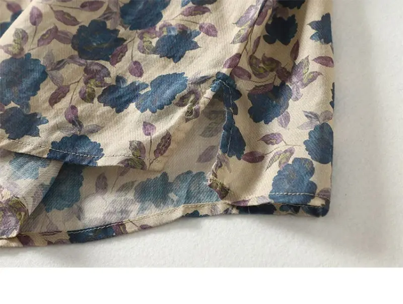 Blue Floral Printing Linen O-Neck Lantern Sleeve T-shirt Loose Women's Blouse Shirt Korean Fashion Female Clothing Tops 2024