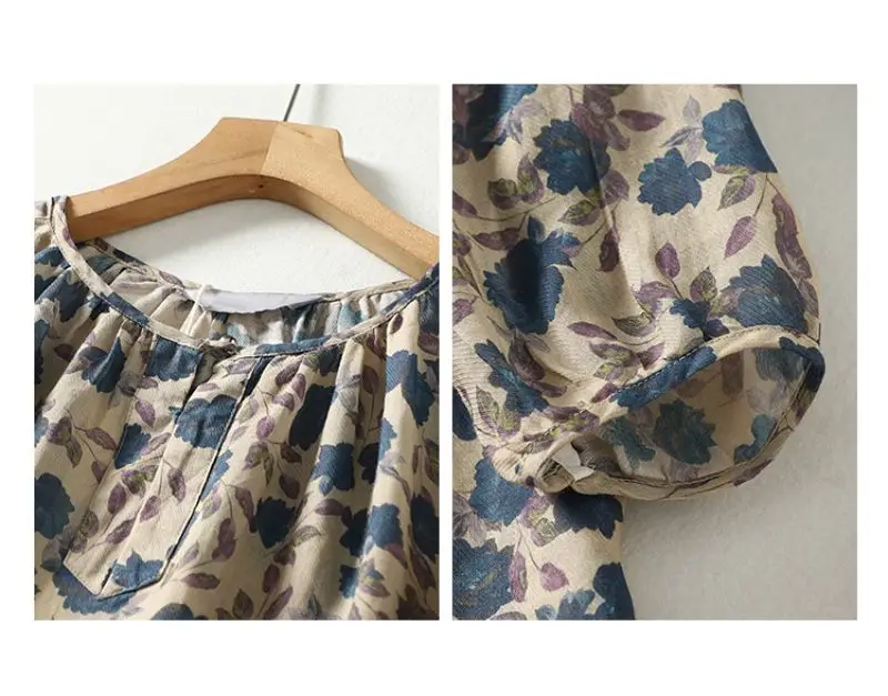 Blue Floral Printing Linen O-Neck Lantern Sleeve T-shirt Loose Women's Blouse Shirt Korean Fashion Female Clothing Tops 2024