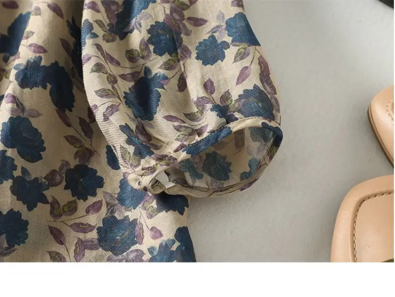 Blue Floral Printing Linen O-Neck Lantern Sleeve T-shirt Loose Women's Blouse Shirt Korean Fashion Female Clothing Tops 2024