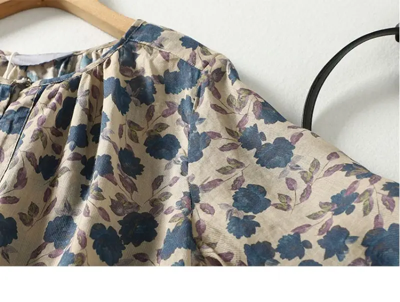 Blue Floral Printing Linen O-Neck Lantern Sleeve T-shirt Loose Women's Blouse Shirt Korean Fashion Female Clothing Tops 2024