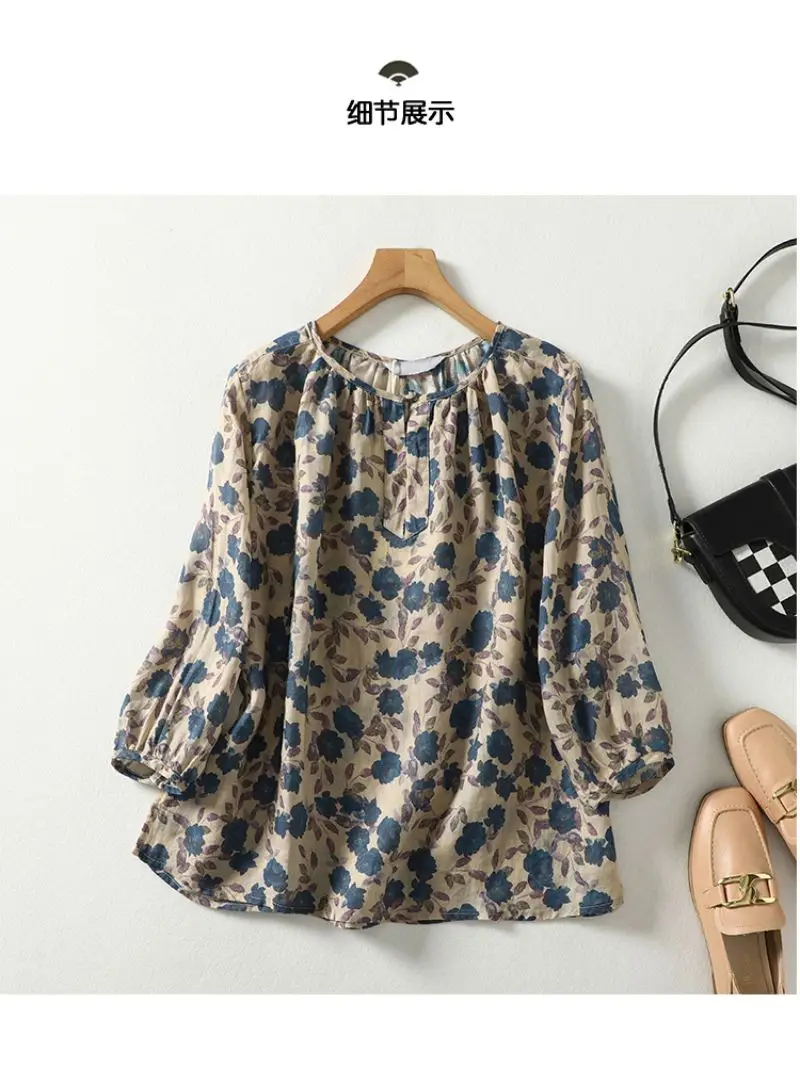 Blue Floral Printing Linen O-Neck Lantern Sleeve T-shirt Loose Women's Blouse Shirt Korean Fashion Female Clothing Tops 2024
