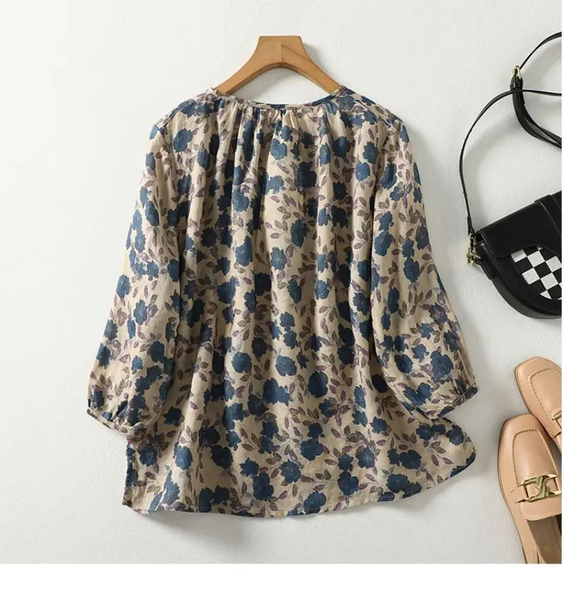 Blue Floral Printing Linen O-Neck Lantern Sleeve T-shirt Loose Women's Blouse Shirt Korean Fashion Female Clothing Tops 2024