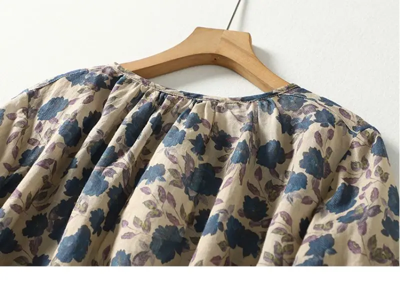 Blue Floral Printing Linen O-Neck Lantern Sleeve T-shirt Loose Women's Blouse Shirt Korean Fashion Female Clothing Tops 2024