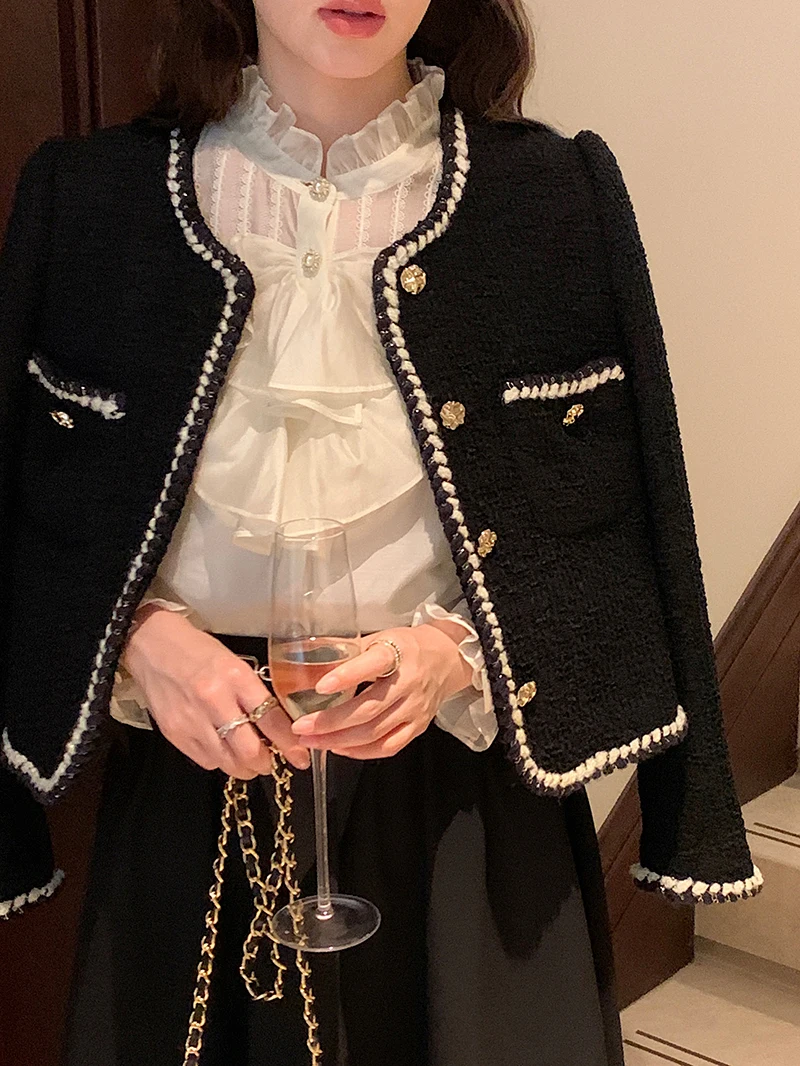 Vintage Cropped Tweed Jackets Women Elegant Black Thicken Coat Korean Single Breasted Blazer Casual Warm Short Outerwear Tops