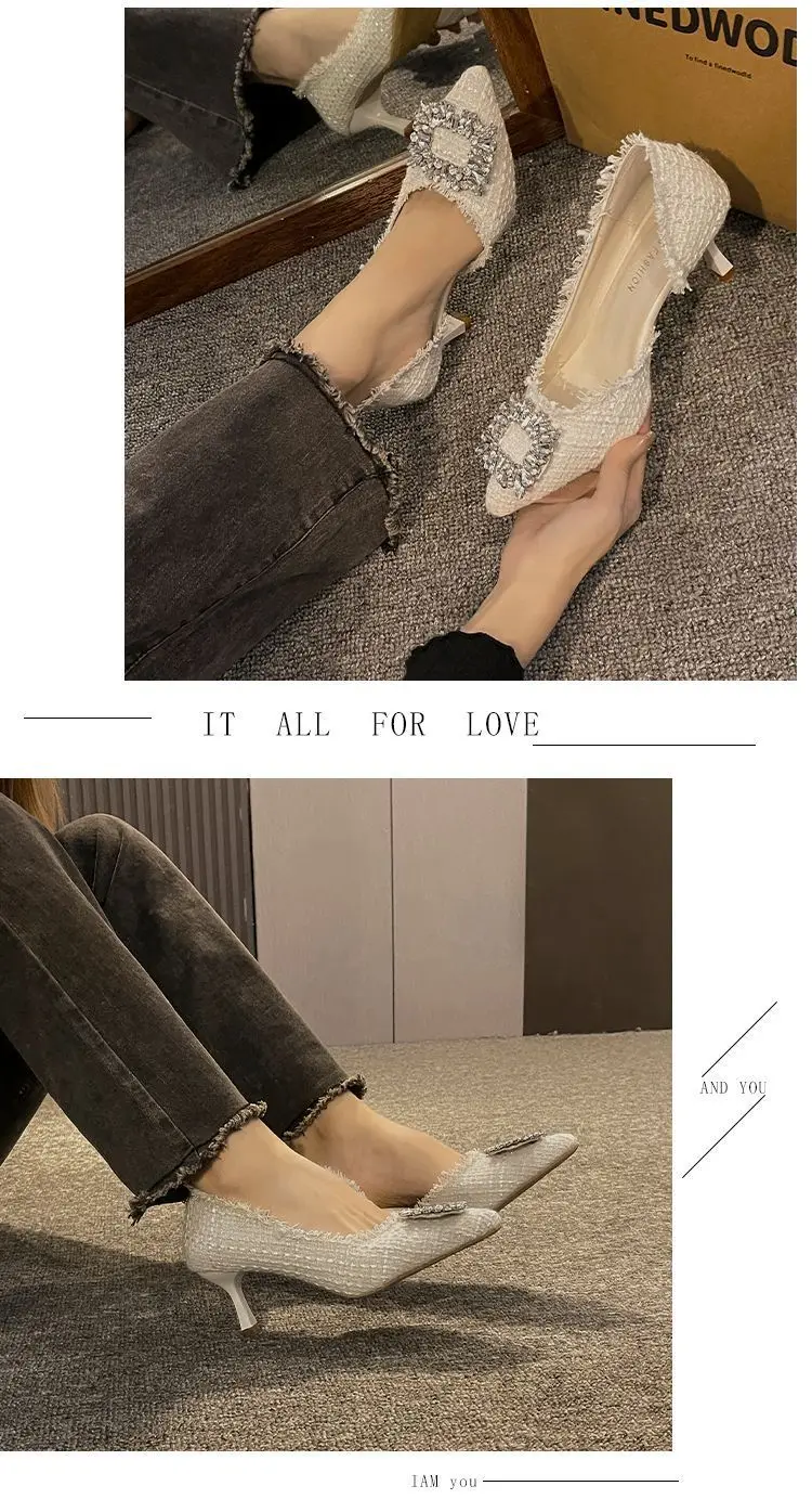 Stiletto Heels 2024 White Wedding Shoes Fashion Pointy Square Button Rhinestone Sandals Temperament Women's Women's Shoes