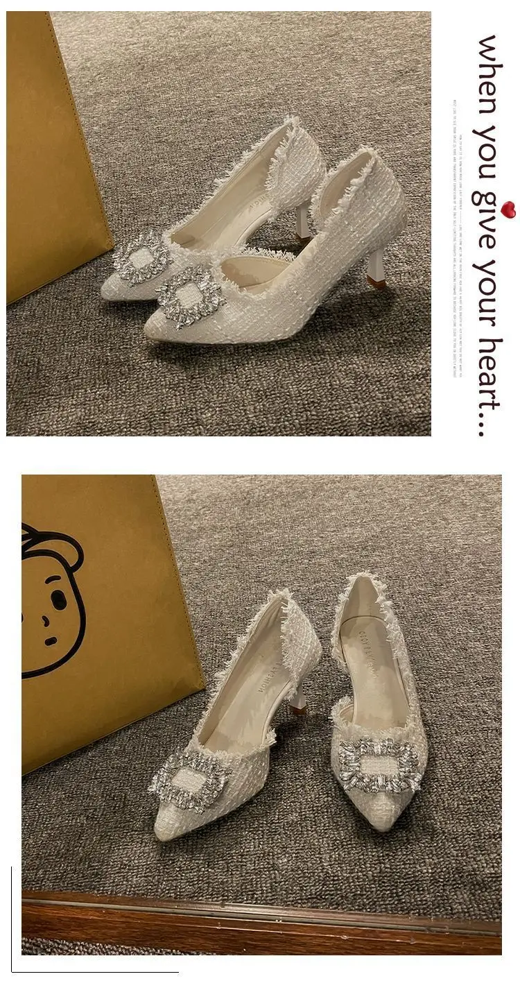 Stiletto Heels 2024 White Wedding Shoes Fashion Pointy Square Button Rhinestone Sandals Temperament Women's Women's Shoes