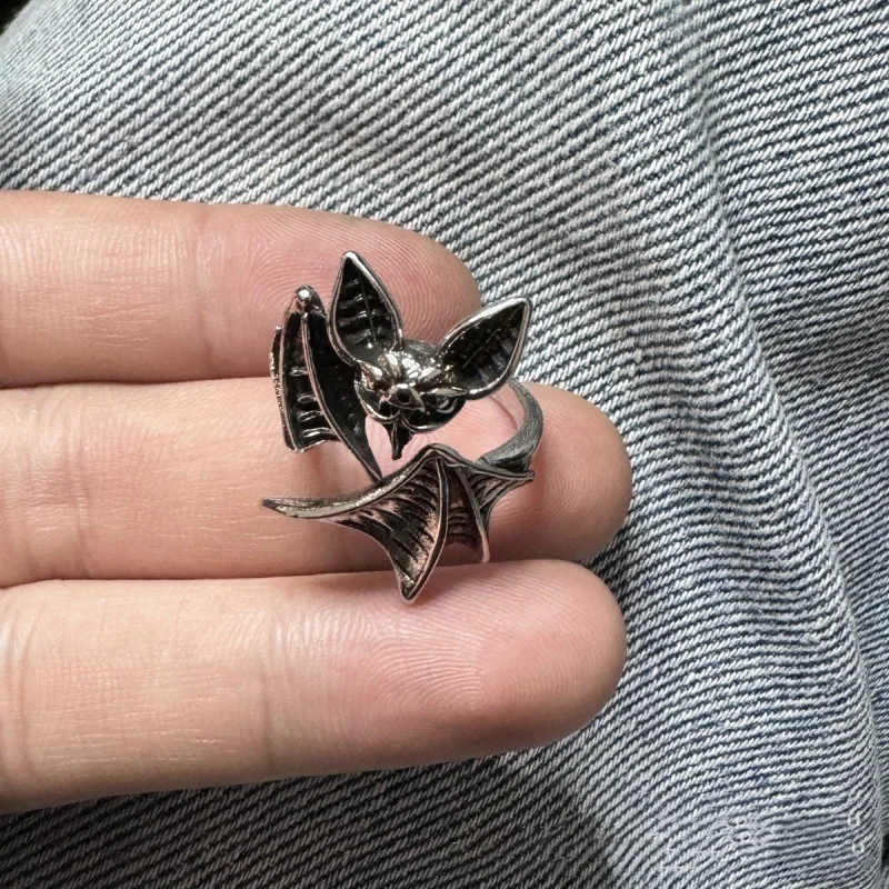 Buyee 925 Sterling Silver Elegant Big Ring Finger Cute Bat Gray Open Ring for Woman Men Fashion Animal Punk Fine Jewelry Circle