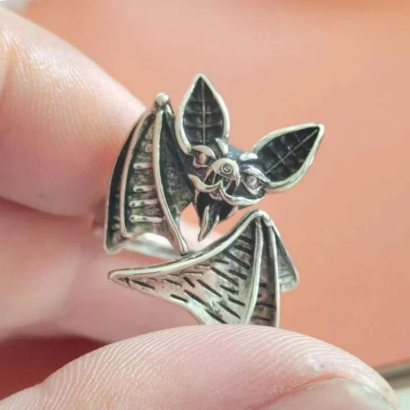 Buyee 925 Sterling Silver Elegant Big Ring Finger Cute Bat Gray Open Ring for Woman Men Fashion Animal Punk Fine Jewelry Circle