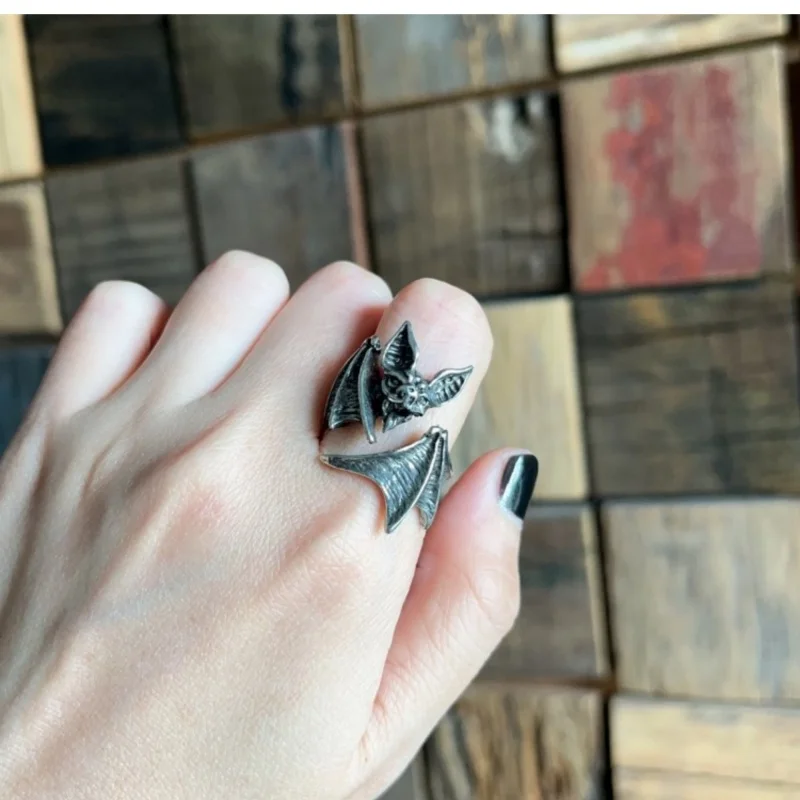 Buyee 925 Sterling Silver Elegant Big Ring Finger Cute Bat Gray Open Ring for Woman Men Fashion Animal Punk Fine Jewelry Circle