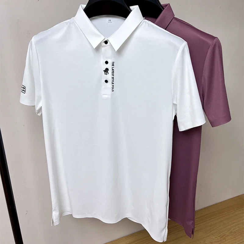 High end brand printed polo shirt men's short sleeve summer fashion business casual seamless ice silk breathable golf T-shirt
