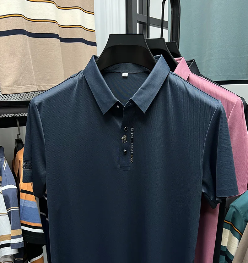 High end brand printed polo shirt men's short sleeve summer fashion business casual seamless ice silk breathable golf T-shirt