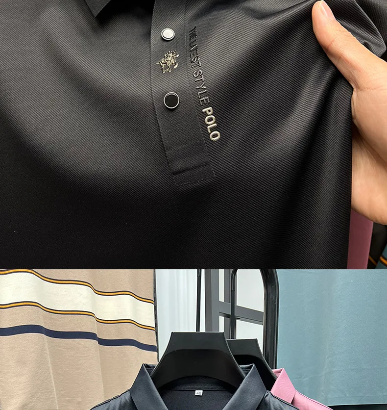 High end brand printed polo shirt men's short sleeve summer fashion business casual seamless ice silk breathable golf T-shirt