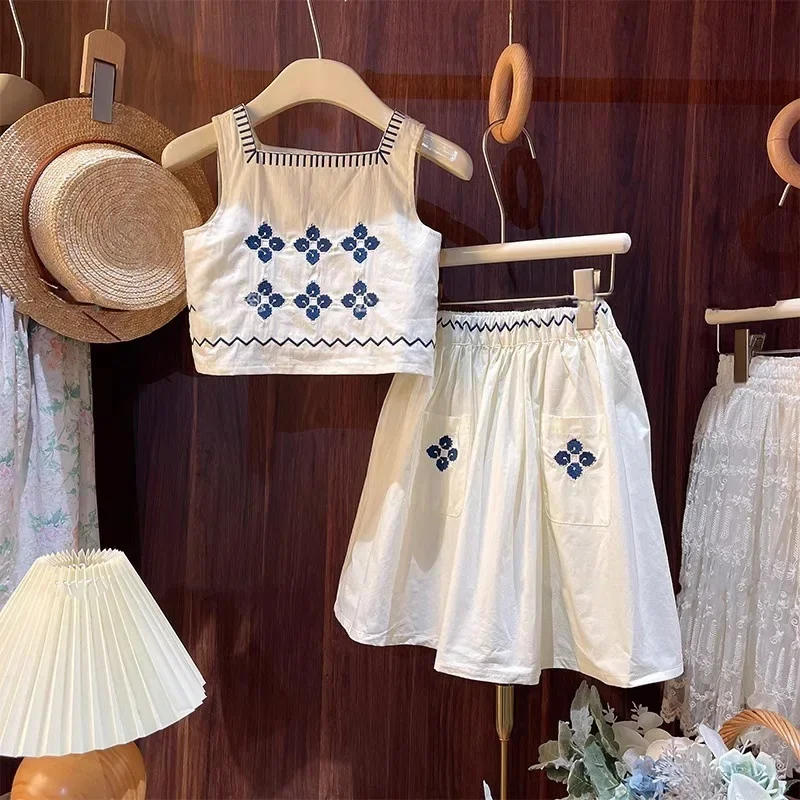 Children's Clothing Sets Floral Embroidery Sleeveless Top + Skirt 2pcs Kids Clothes Girls for 2 To 7 Years Baby Girl Outfit Set