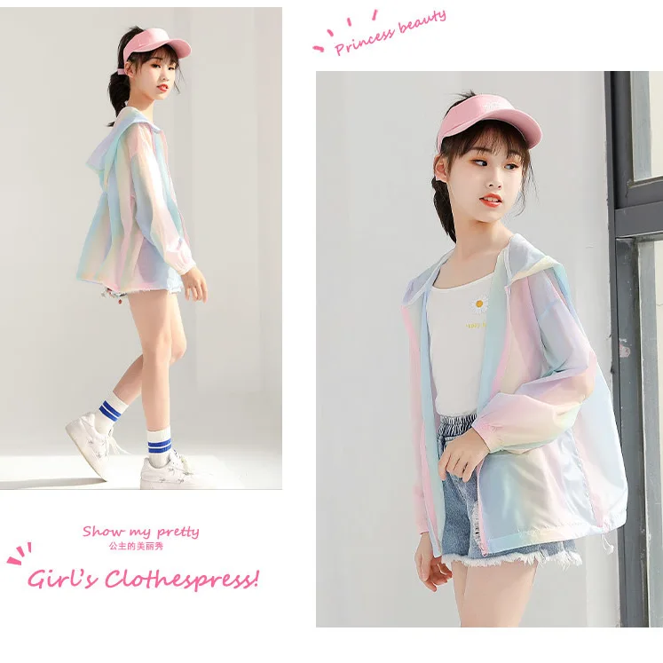 New Girls Summer Sun Protection Coat Rainbow Thin Style Fashion Princess Jacket Outdoor Activity 3-12 Years Children Clothing