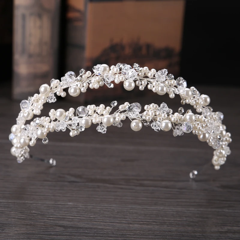 Rhinestones Pearl Tiaras Crowns Hair Jewelry Wedding Bride Headpiece Accessories Handmade Women Crystal Hairbands FD489