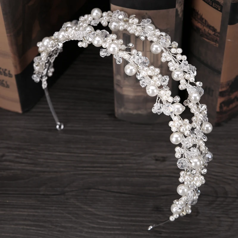 Rhinestones Pearl Tiaras Crowns Hair Jewelry Wedding Bride Headpiece Accessories Handmade Women Crystal Hairbands FD489