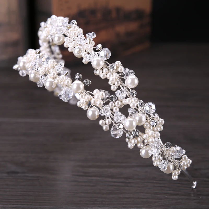 Rhinestones Pearl Tiaras Crowns Hair Jewelry Wedding Bride Headpiece Accessories Handmade Women Crystal Hairbands FD489