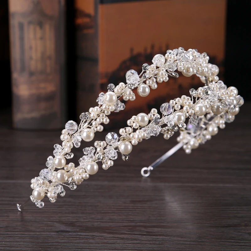 Rhinestones Pearl Tiaras Crowns Hair Jewelry Wedding Bride Headpiece Accessories Handmade Women Crystal Hairbands FD489