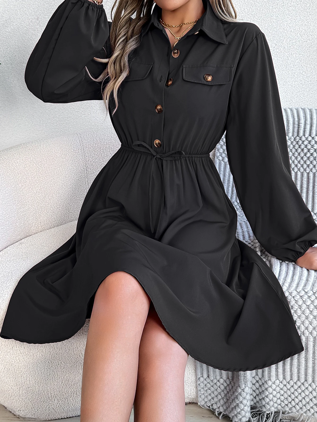Autumn Winter Dresses for Women Casual Solid Color Button Tie Up Long Sleeved Shirt Dress Blue Green Black Red Woman Clothing