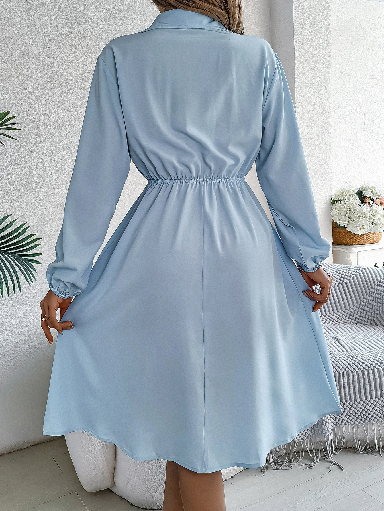 Autumn Winter Dresses for Women Casual Solid Color Button Tie Up Long Sleeved Shirt Dress Blue Green Black Red Woman Clothing