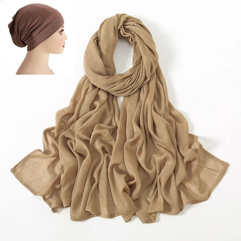 2Pcs/Set Hijab Matching Color Jersey Cap Lady Plain Viscose Cotton Modal Muslim Women Scarf Soft Shawl Turbante