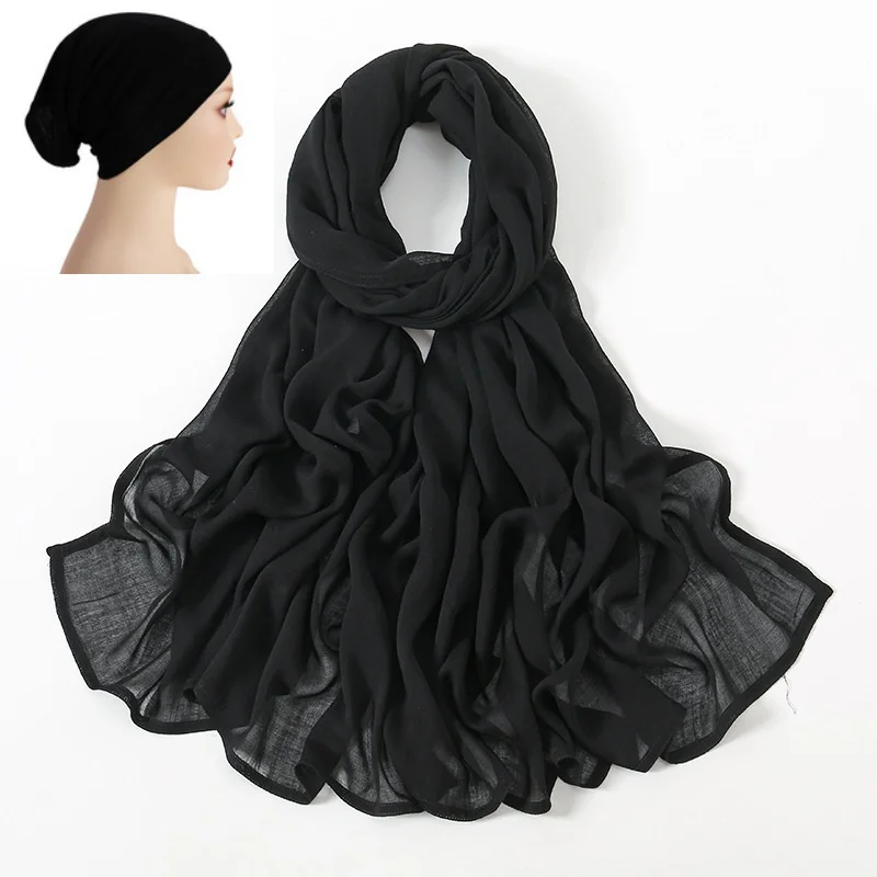 2Pcs/Set Hijab Matching Color Jersey Cap Lady Plain Viscose Cotton Modal Muslim Women Scarf Soft Shawl Turbante
