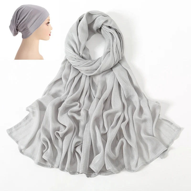 2Pcs/Set Hijab Matching Color Jersey Cap Lady Plain Viscose Cotton Modal Muslim Women Scarf Soft Shawl Turbante