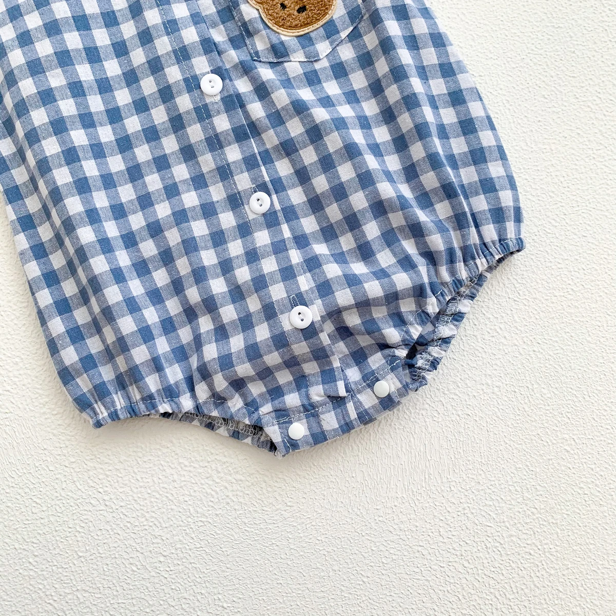 Baby Summer Clothes Boys Checked Bear Embroidered Shirt Collar Short-Sleeved Jumpsuit Children's Clothing