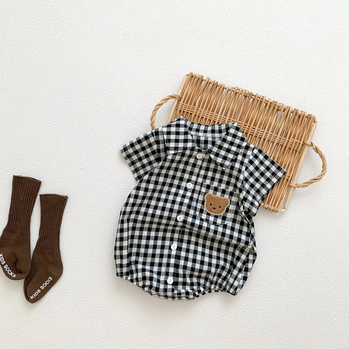 Baby Summer Clothes Boys Checked Bear Embroidered Shirt Collar Short-Sleeved Jumpsuit Children's Clothing