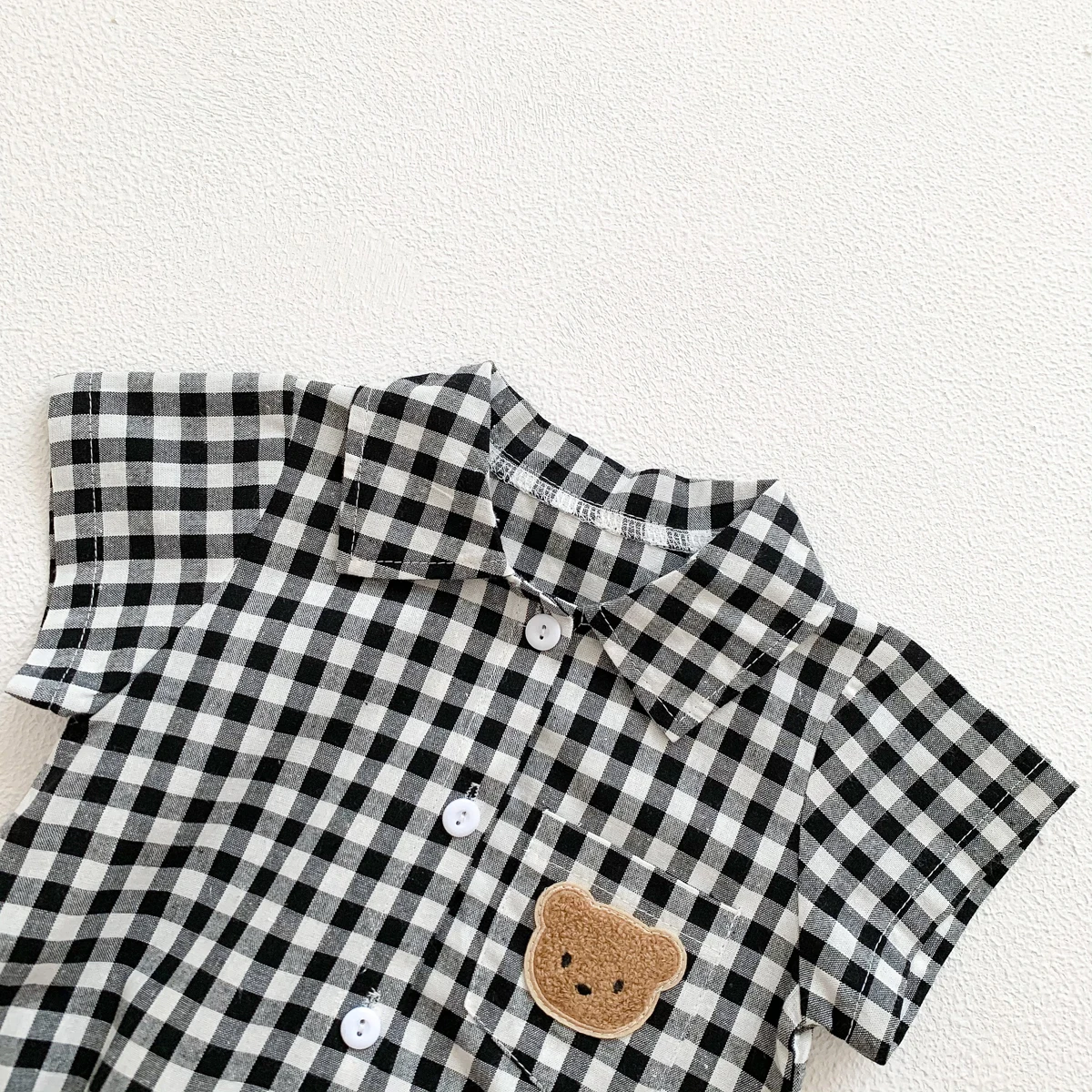 Baby Summer Clothes Boys Checked Bear Embroidered Shirt Collar Short-Sleeved Jumpsuit Children's Clothing