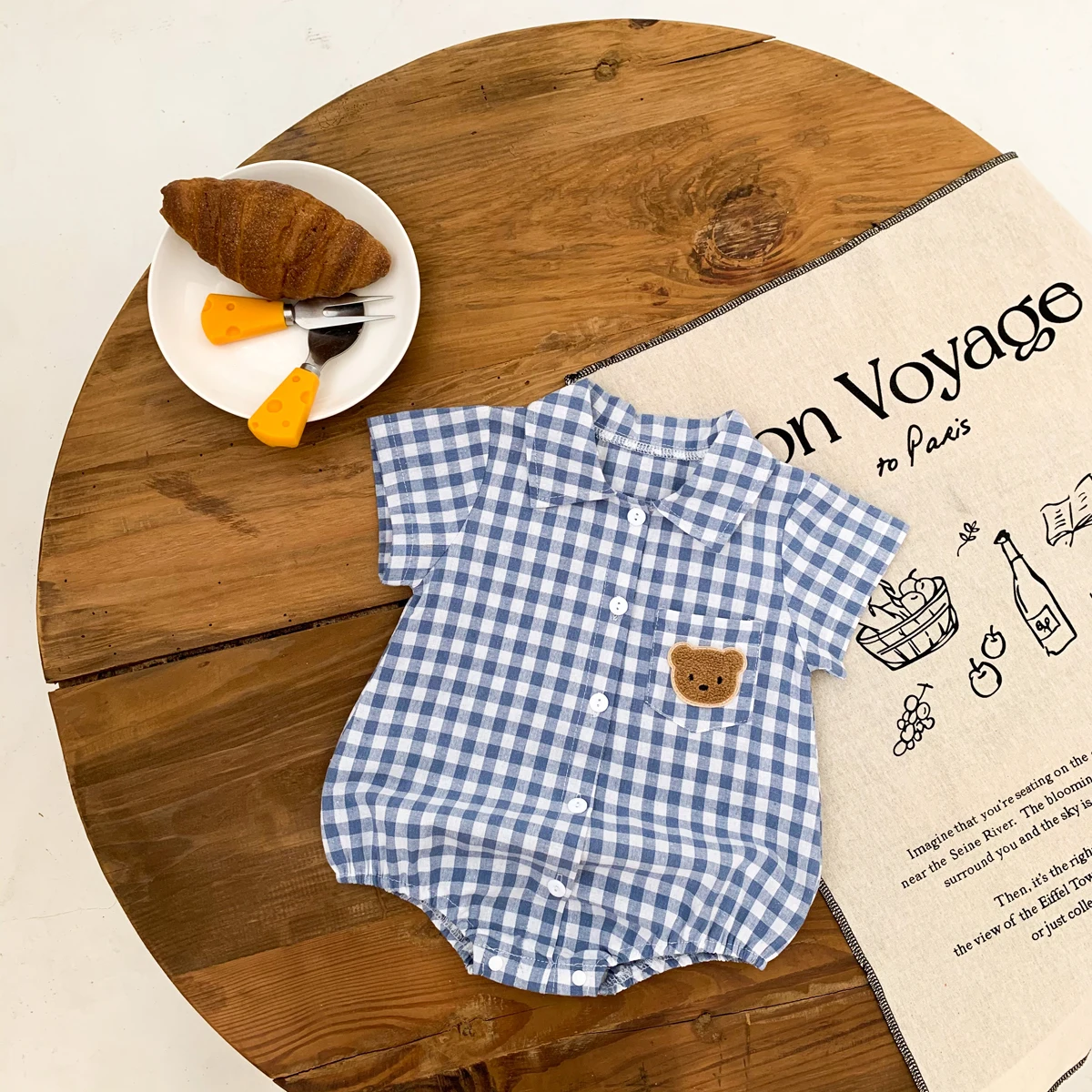 Baby Summer Clothes Boys Checked Bear Embroidered Shirt Collar Short-Sleeved Jumpsuit Children's Clothing
