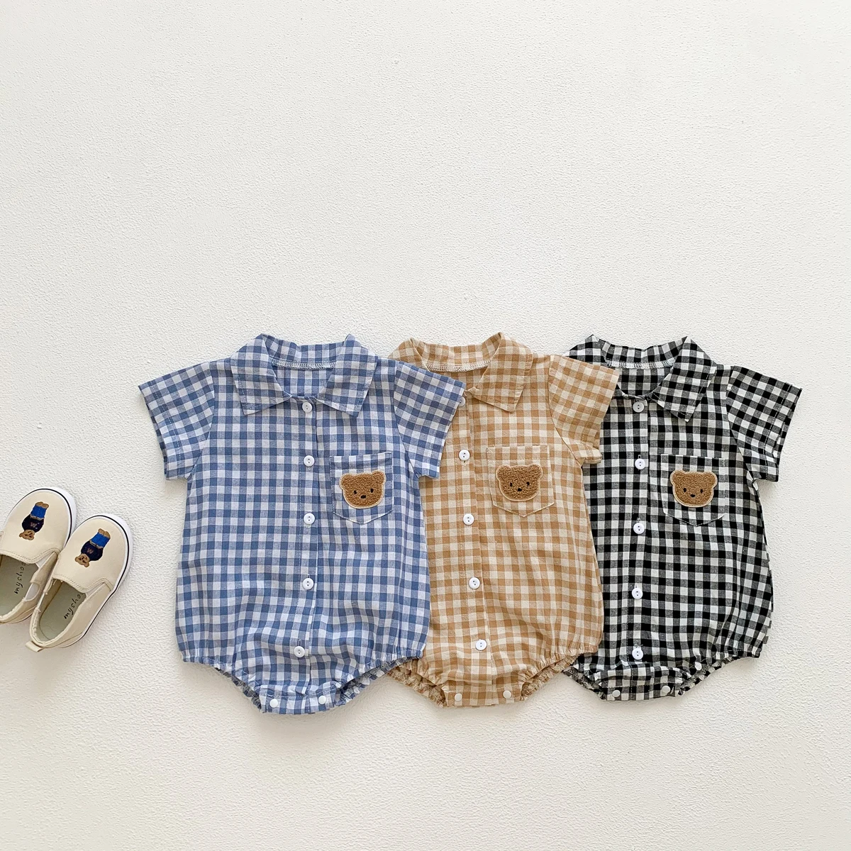 Baby Summer Clothes Boys Checked Bear Embroidered Shirt Collar Short-Sleeved Jumpsuit Children's Clothing