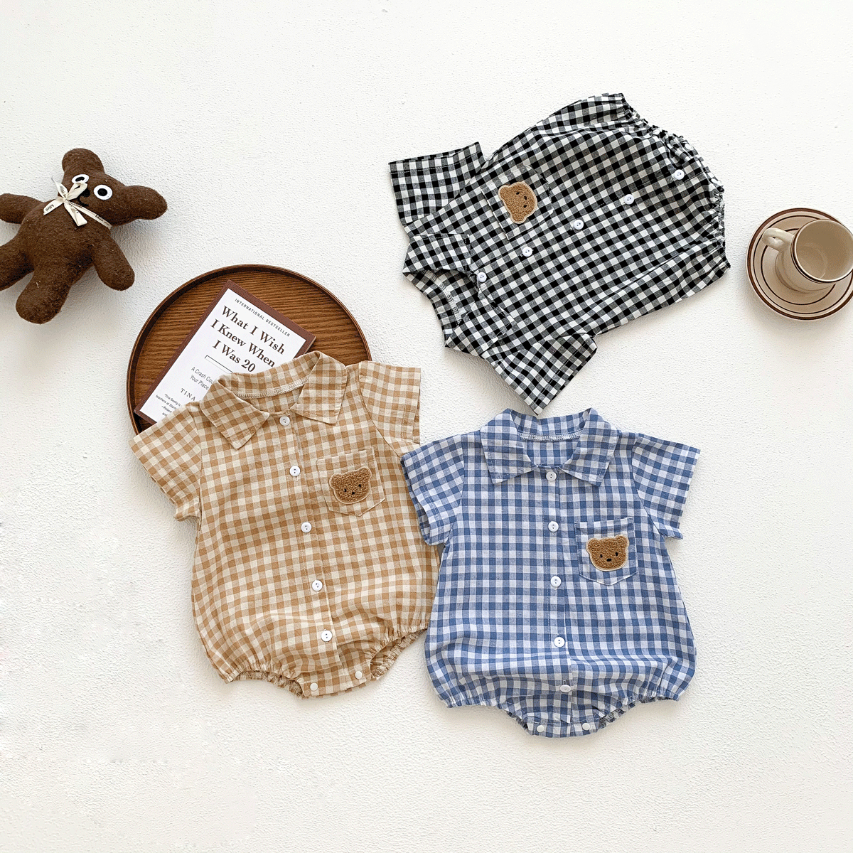 Baby Summer Clothes Boys Checked Bear Embroidered Shirt Collar Short-Sleeved Jumpsuit Children's Clothing