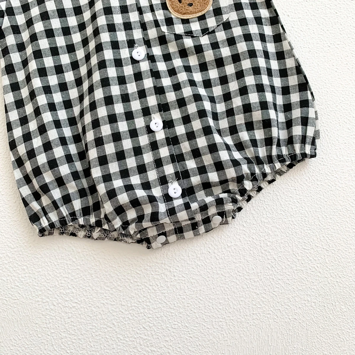 Baby Summer Clothes Boys Checked Bear Embroidered Shirt Collar Short-Sleeved Jumpsuit Children's Clothing