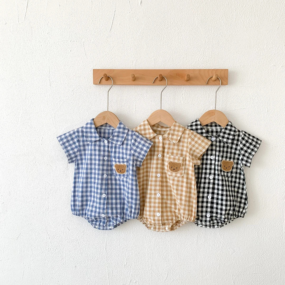 Baby Summer Clothes Boys Checked Bear Embroidered Shirt Collar Short-Sleeved Jumpsuit Children's Clothing