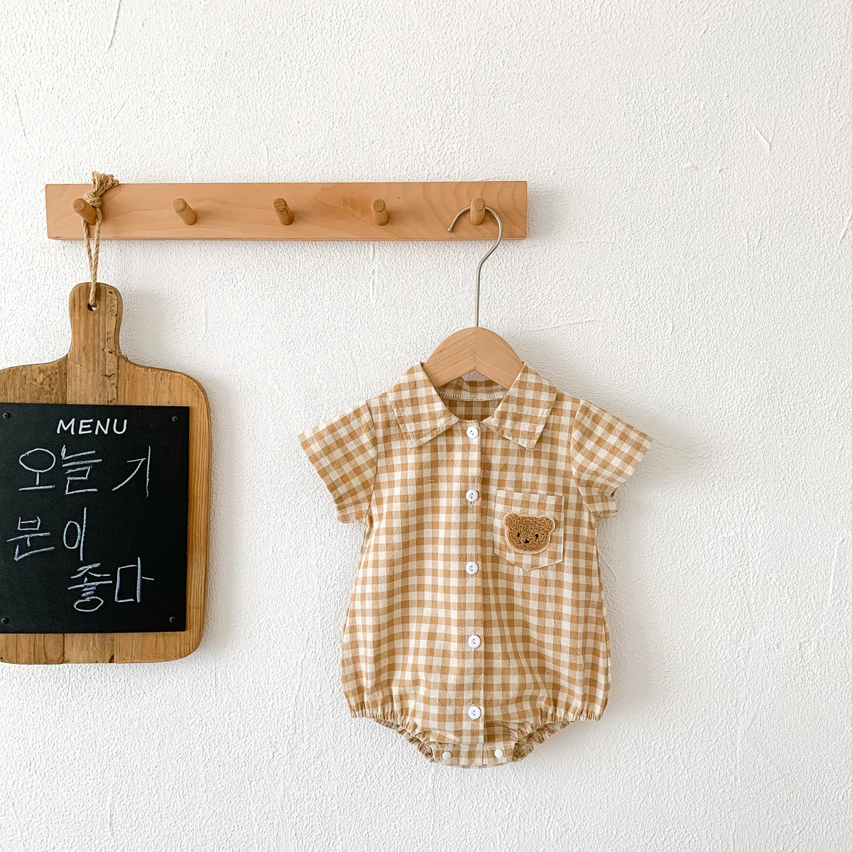 Baby Summer Clothes Boys Checked Bear Embroidered Shirt Collar Short-Sleeved Jumpsuit Children's Clothing