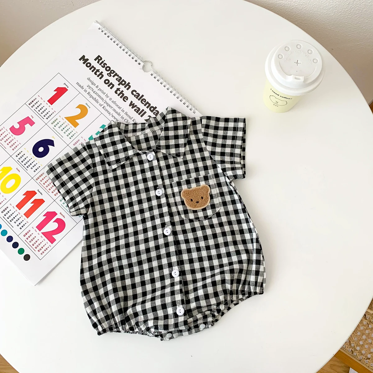 Baby Summer Clothes Boys Checked Bear Embroidered Shirt Collar Short-Sleeved Jumpsuit Children's Clothing