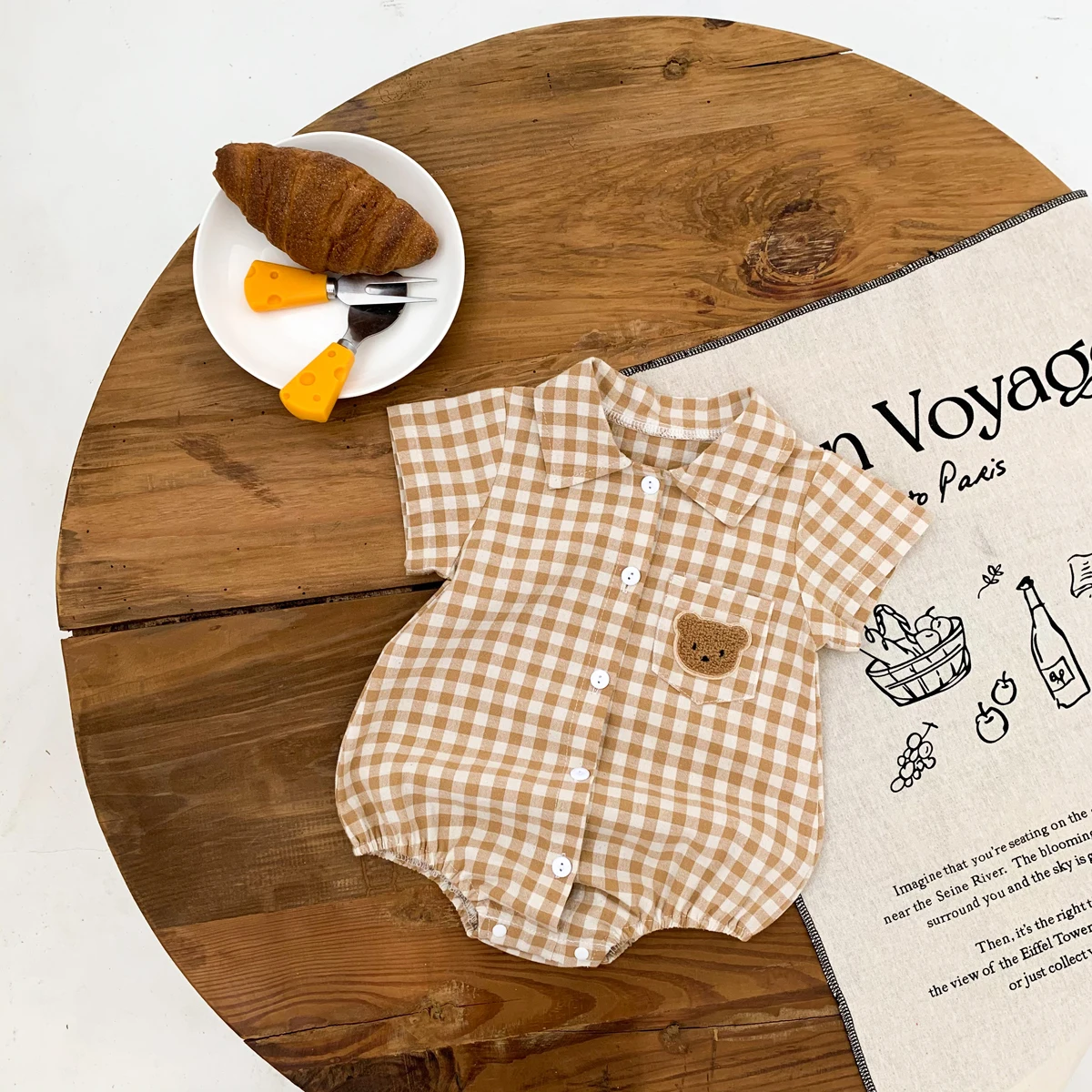 Baby Summer Clothes Boys Checked Bear Embroidered Shirt Collar Short-Sleeved Jumpsuit Children's Clothing