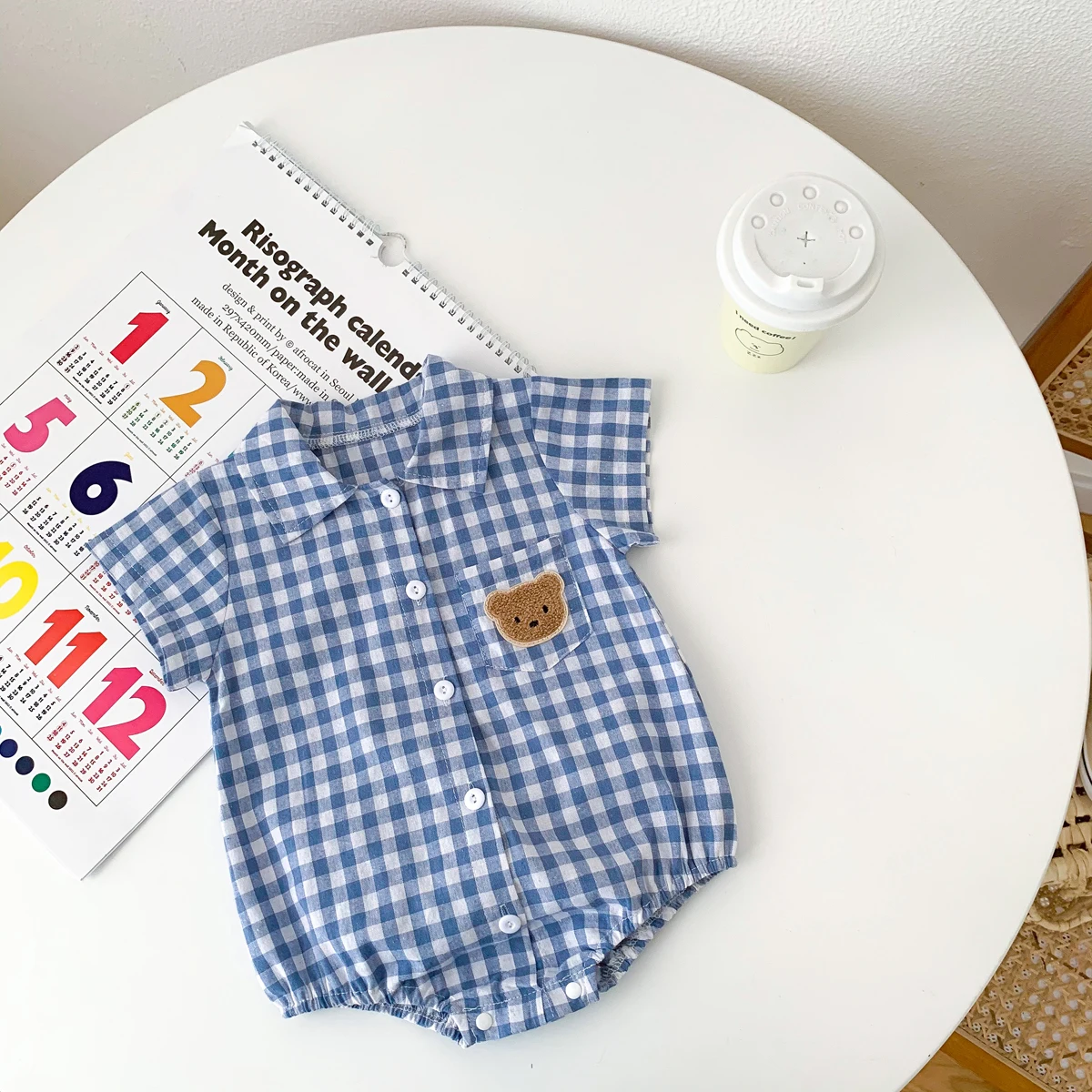 Baby Summer Clothes Boys Checked Bear Embroidered Shirt Collar Short-Sleeved Jumpsuit Children's Clothing