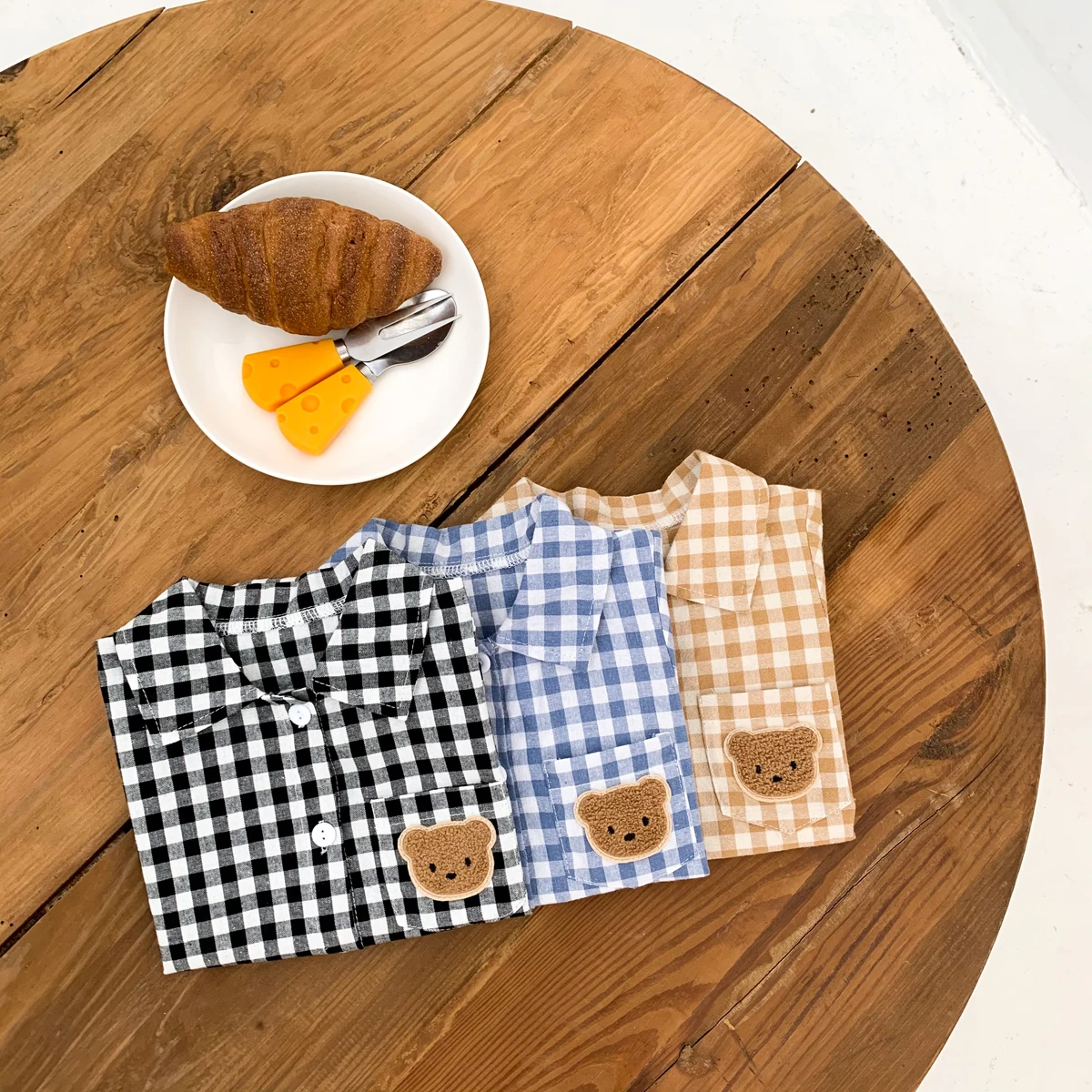 Baby Summer Clothes Boys Checked Bear Embroidered Shirt Collar Short-Sleeved Jumpsuit Children's Clothing