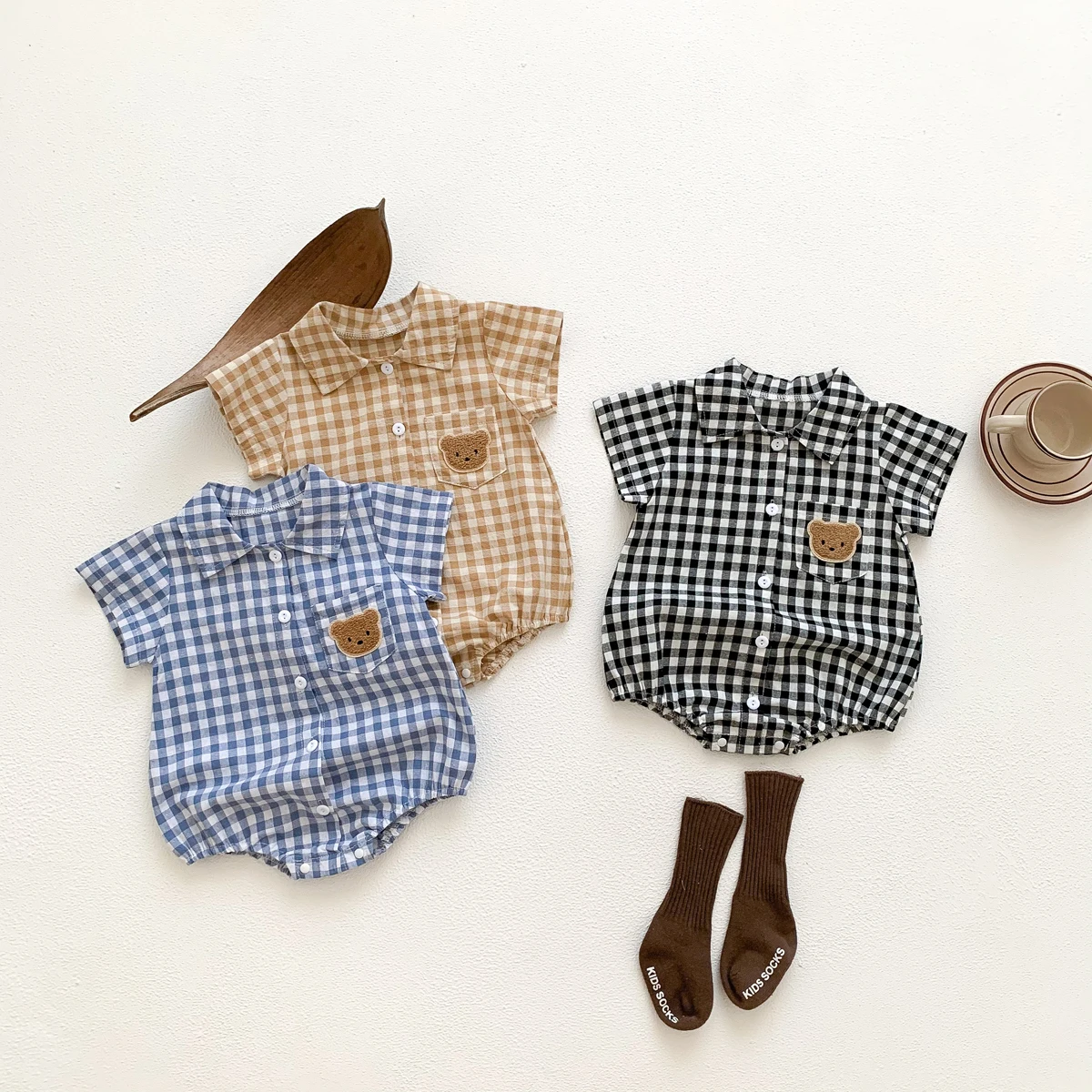 Baby Summer Clothes Boys Checked Bear Embroidered Shirt Collar Short-Sleeved Jumpsuit Children's Clothing