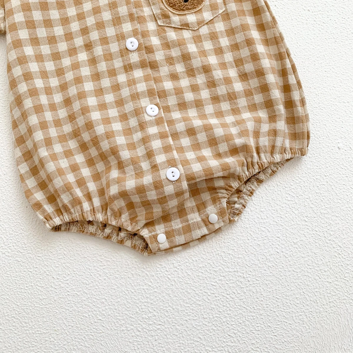 Baby Summer Clothes Boys Checked Bear Embroidered Shirt Collar Short-Sleeved Jumpsuit Children's Clothing