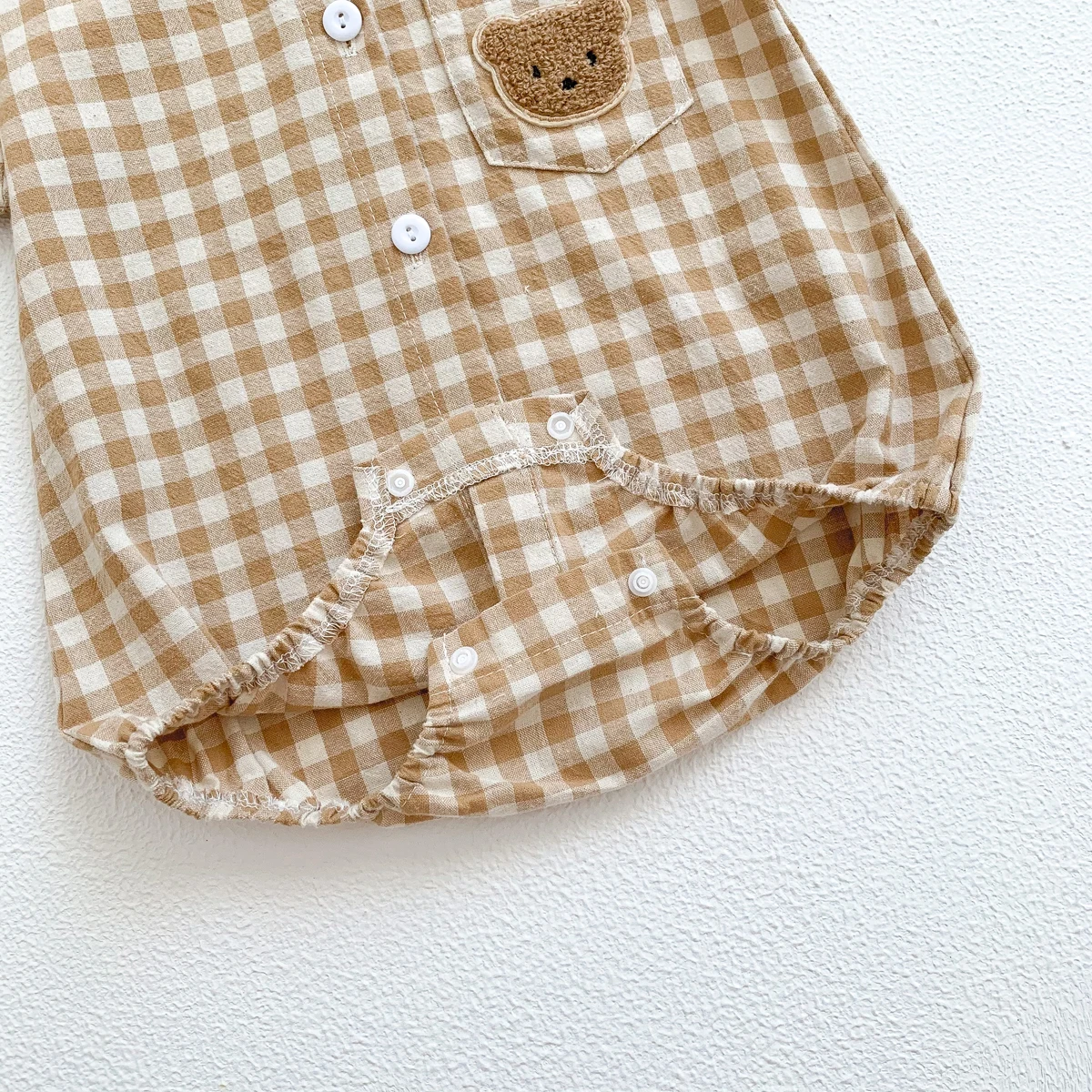 Baby Summer Clothes Boys Checked Bear Embroidered Shirt Collar Short-Sleeved Jumpsuit Children's Clothing
