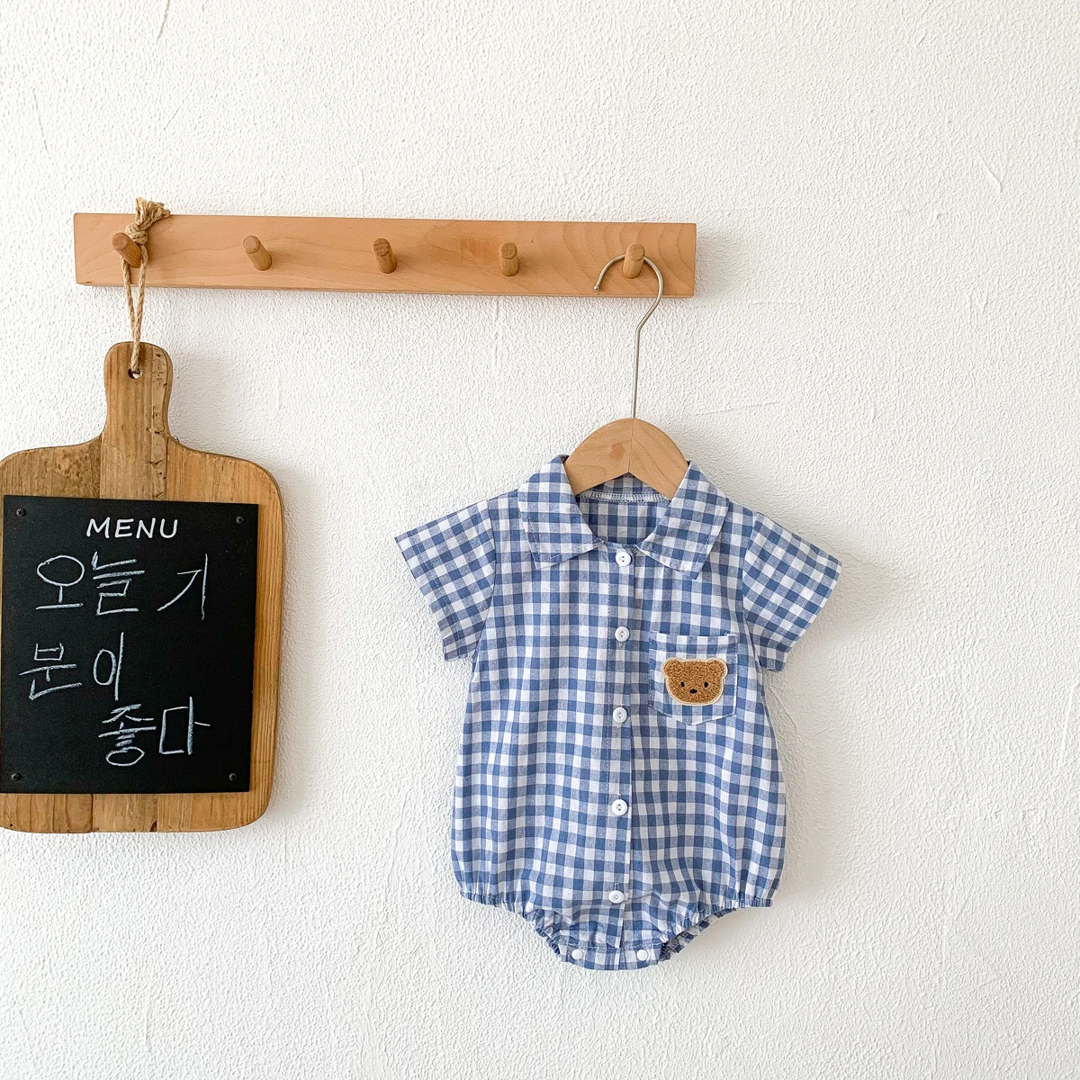 Baby Summer Clothes Boys Checked Bear Embroidered Shirt Collar Short-Sleeved Jumpsuit Children's Clothing