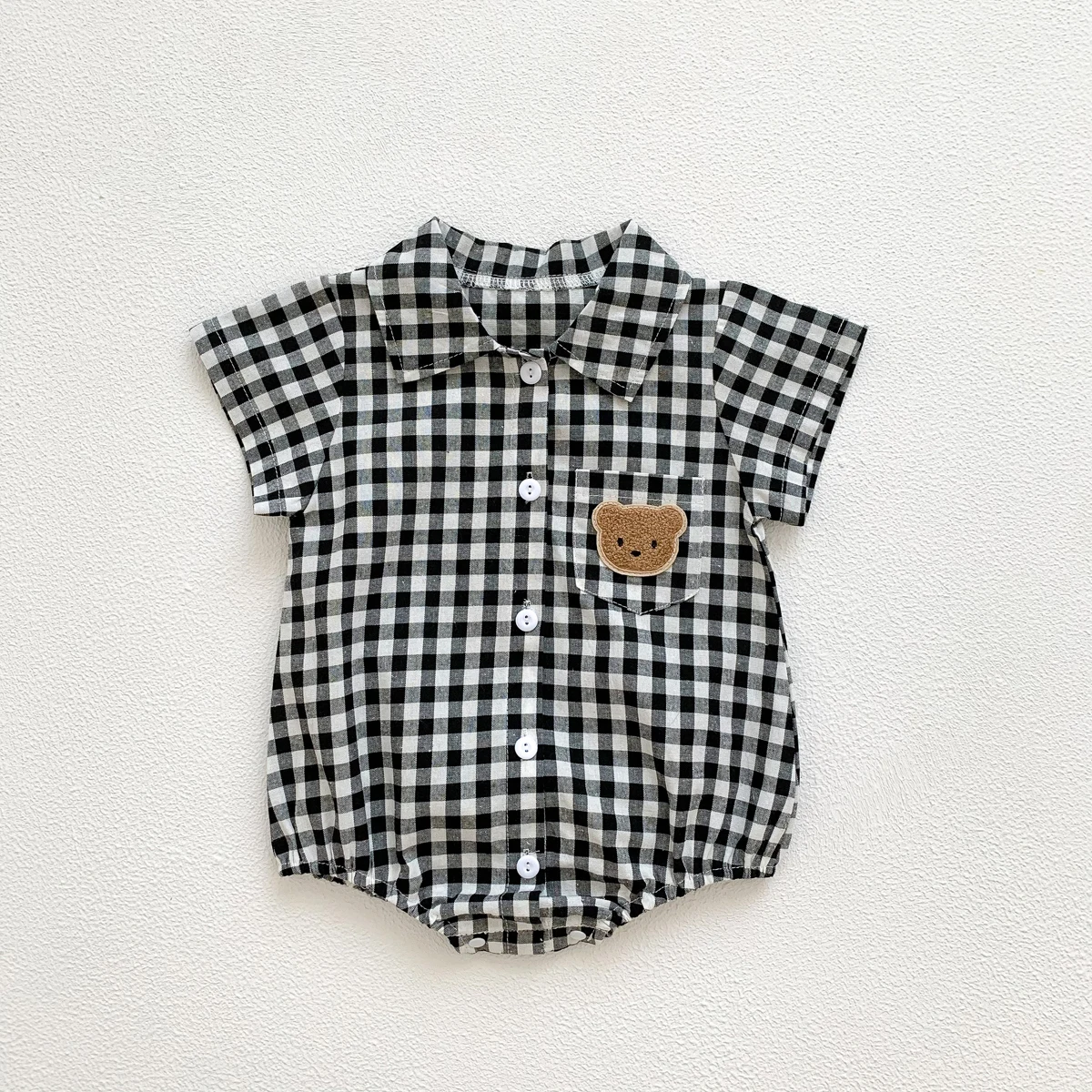 Baby Summer Clothes Boys Checked Bear Embroidered Shirt Collar Short-Sleeved Jumpsuit Children's Clothing
