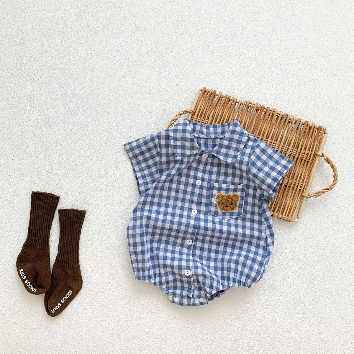 Baby Summer Clothes Boys Checked Bear Embroidered Shirt Collar Short-Sleeved Jumpsuit Children's Clothing